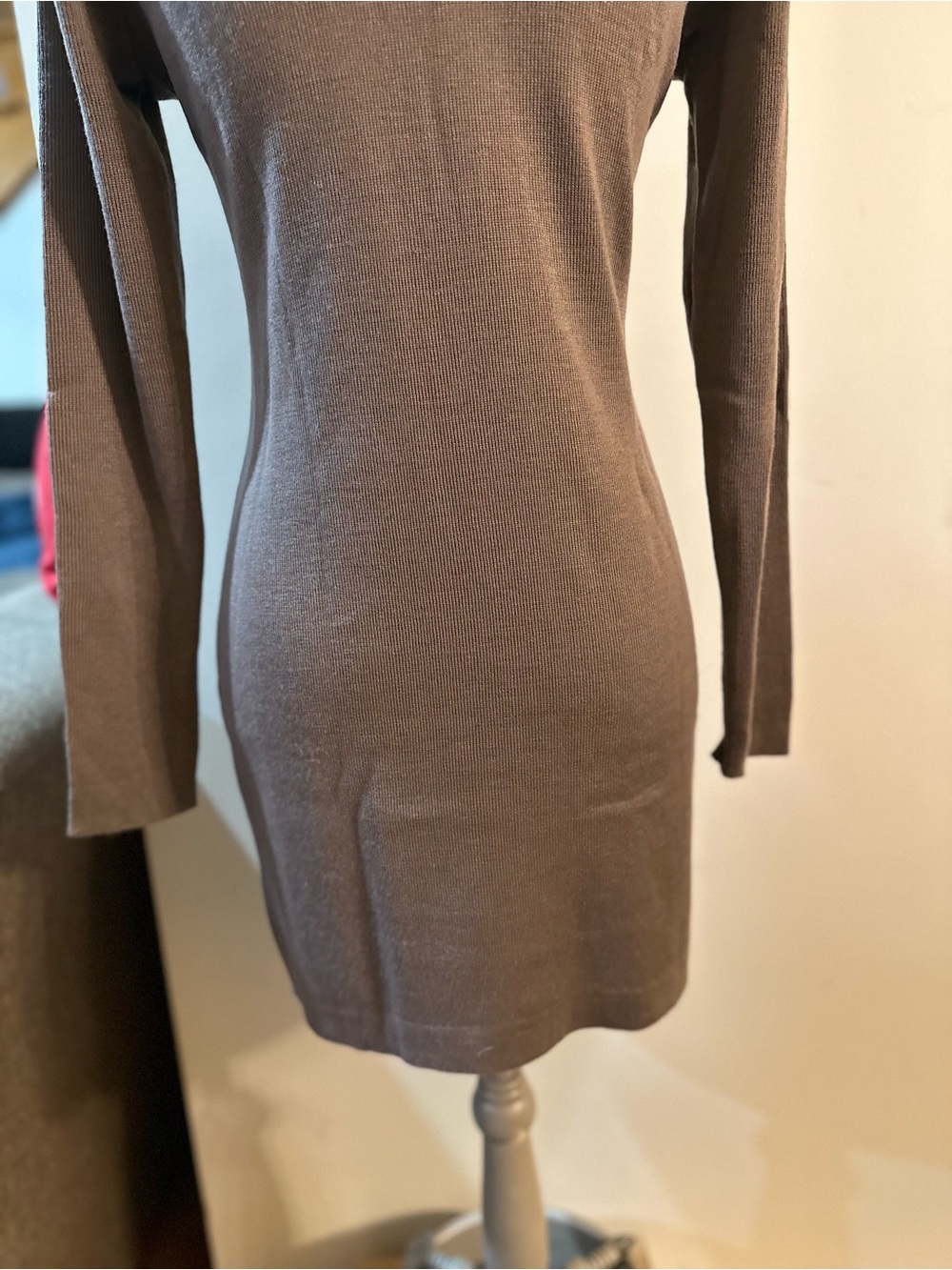 Long-Sleeve Taupe Knit Dress with Braided Front - Picture 9 of 12